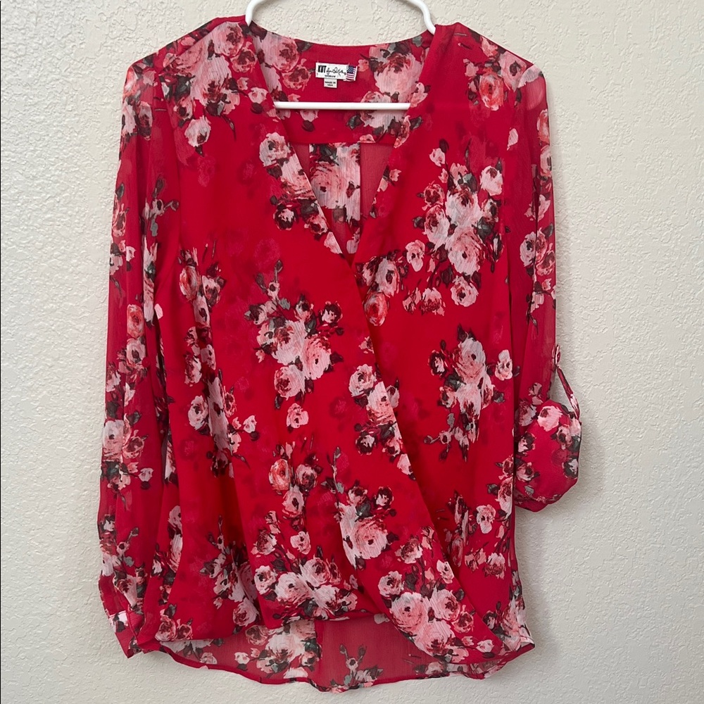 Red Floral Wrap style Blouse